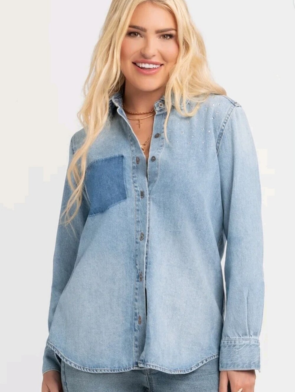 Jessica Simpson Denim Shirt With Sparkle Detail On Shoulder